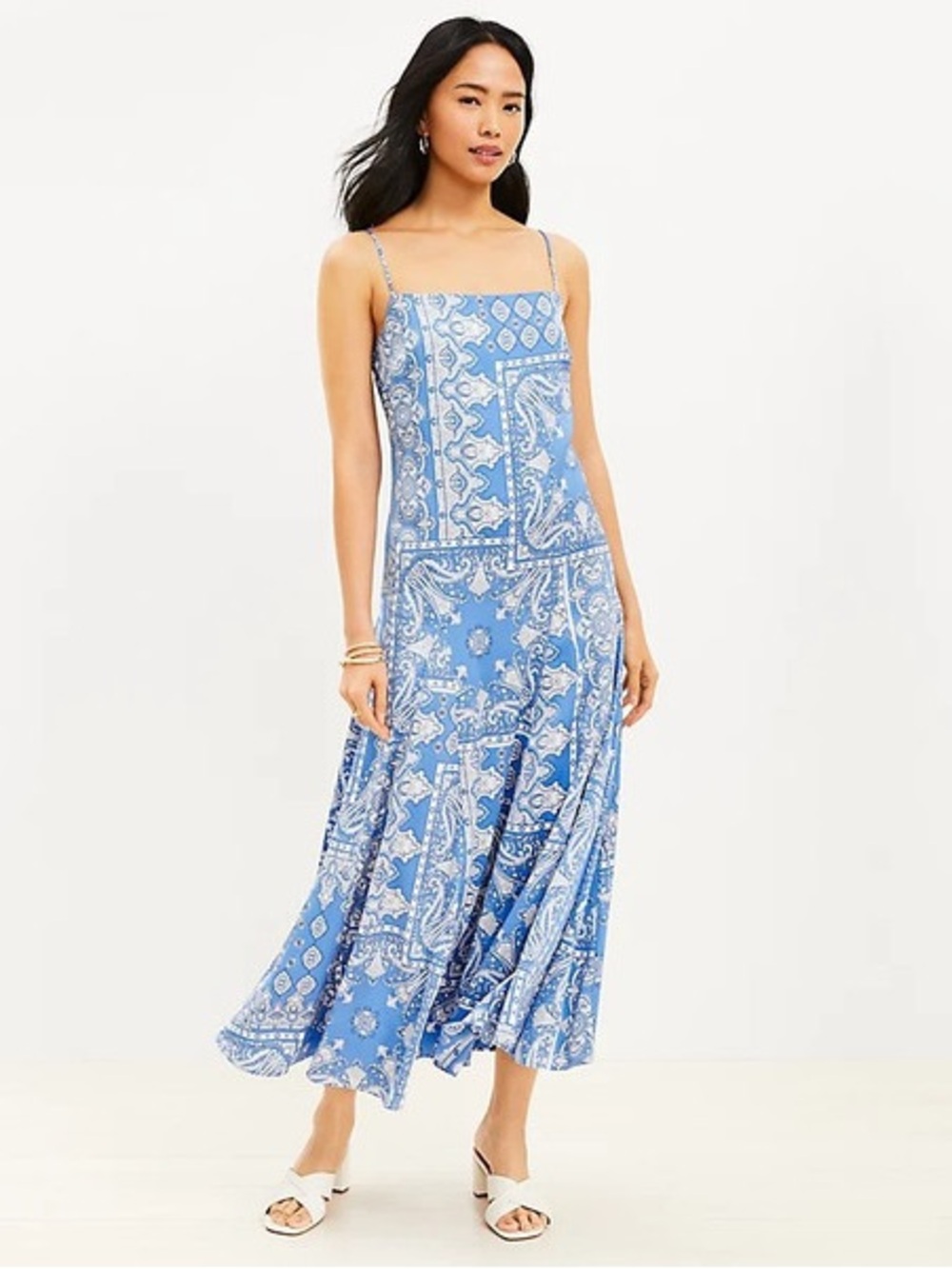LOFT Light Blue and White Printed Bandanna Spaghetti-Strap Maxi Dress
